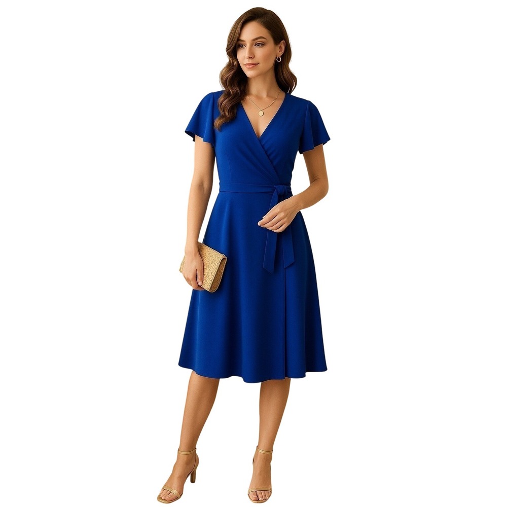 DKNY Royal Blue Wrap‎ Midi Dress Wedding Guest Cocktail Flutter Sleeve Sz 6 - Picture 2 of 8